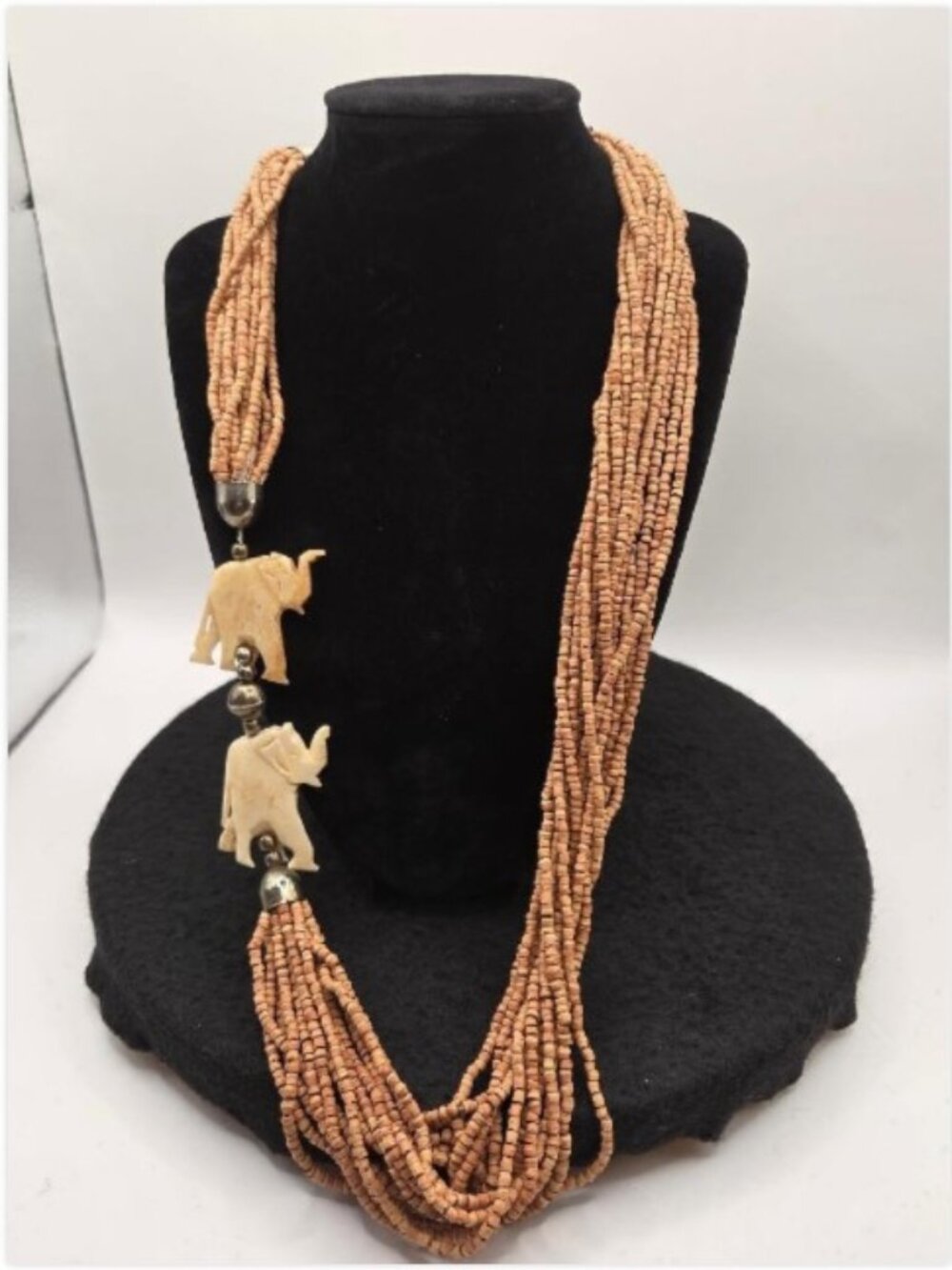 Vintage Carved Elephants Multi Strand Wood Bead Statement Necklace Boho Tribal